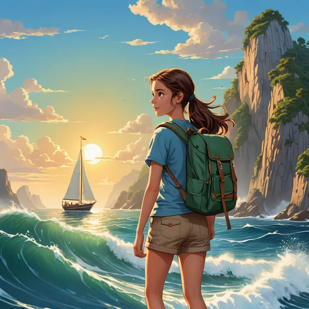 a girl with a backpack looking at a boat in the ocean with a mountain in the background and a boat in the water, fantasy art, a storybook illustration, Cyril Rolando, rossdraws global illumination