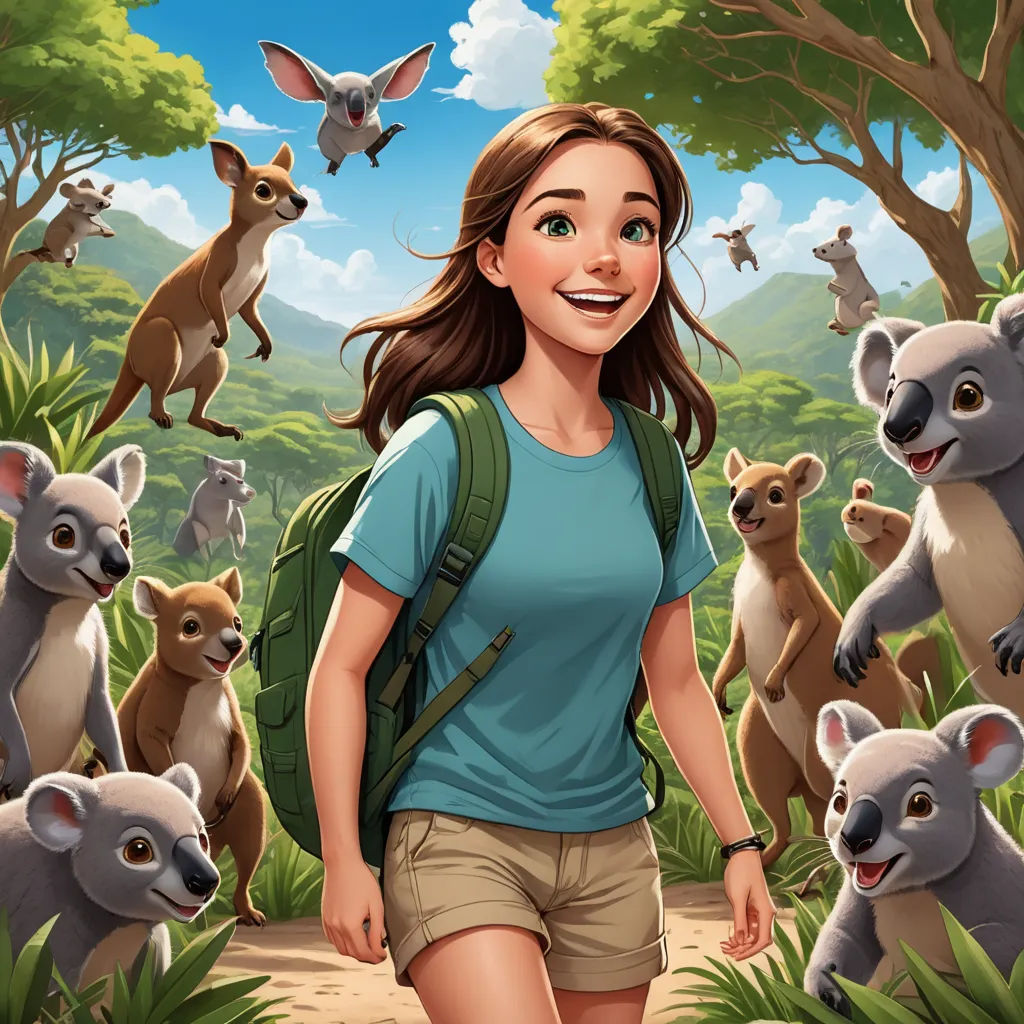 a woman is walking through a forest with many animals around her and a kangaroo on the other side of her, furry art, a storybook illustration, Chris LaBrooy, promotional image