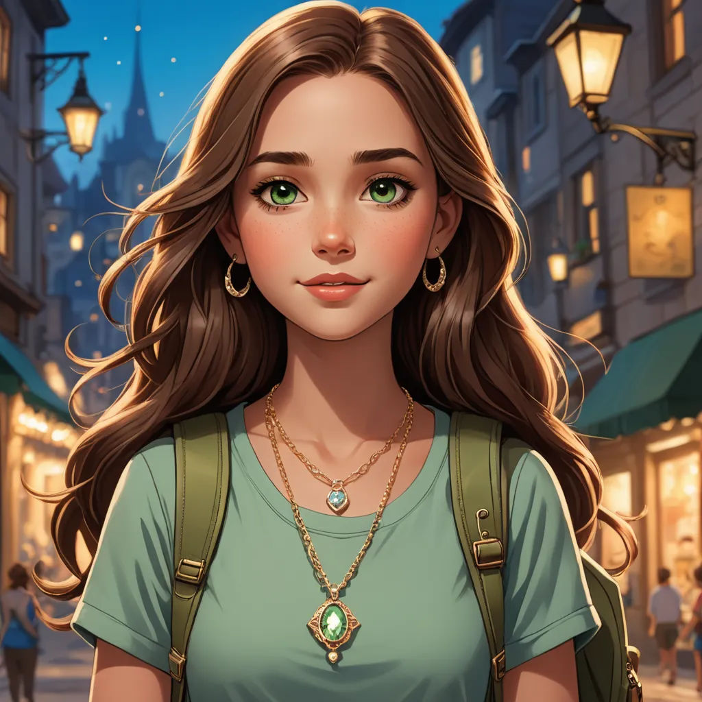 a girl with a green shirt and a green backpack on a street at night with a street light in the background, fantasy art, a character portrait, disney, kinkade