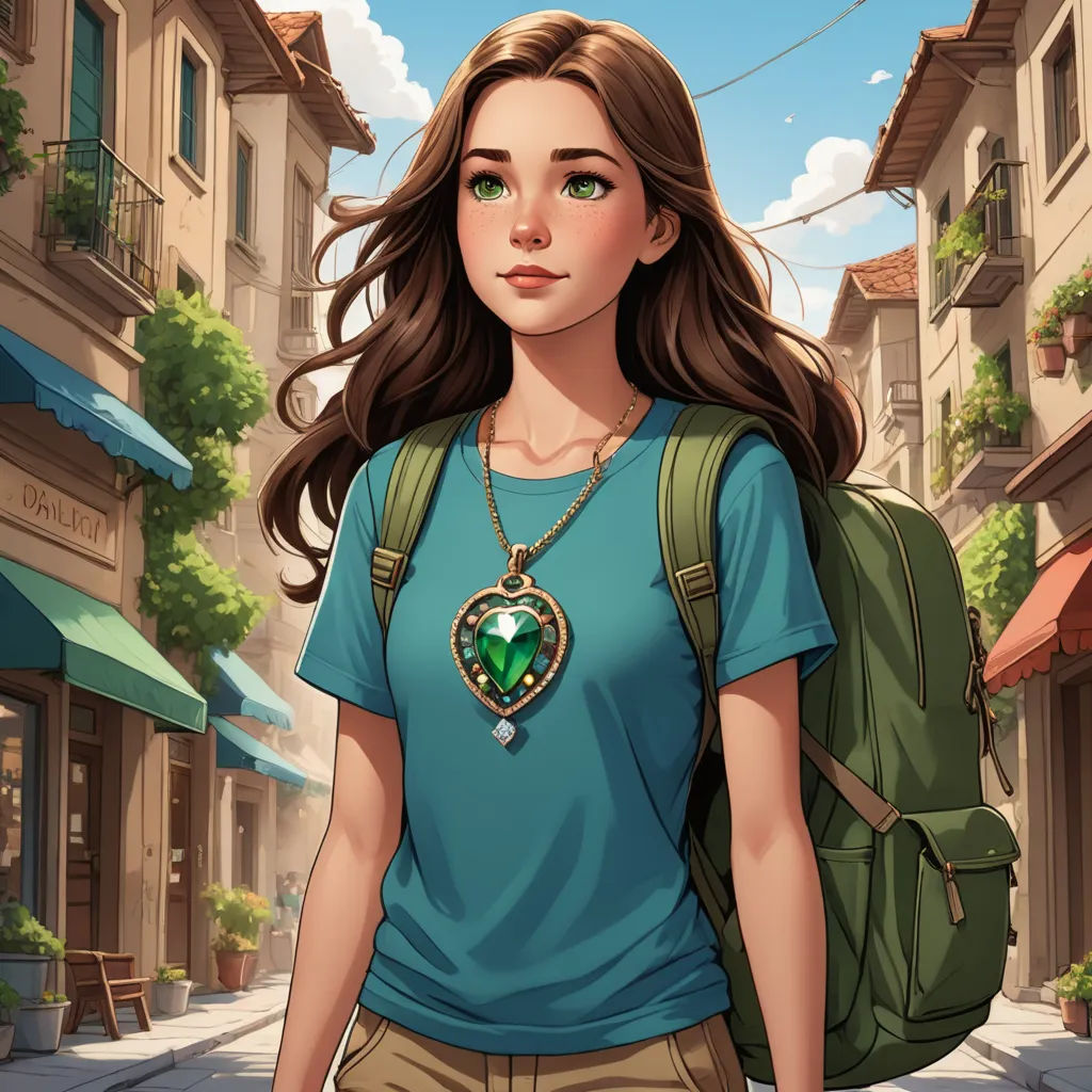 a girl with a backpack and a necklace on walking down a street in a cartoon style with buildings and a sky background, cloisonnism, a character portrait, Florence Engelbach, kinkade