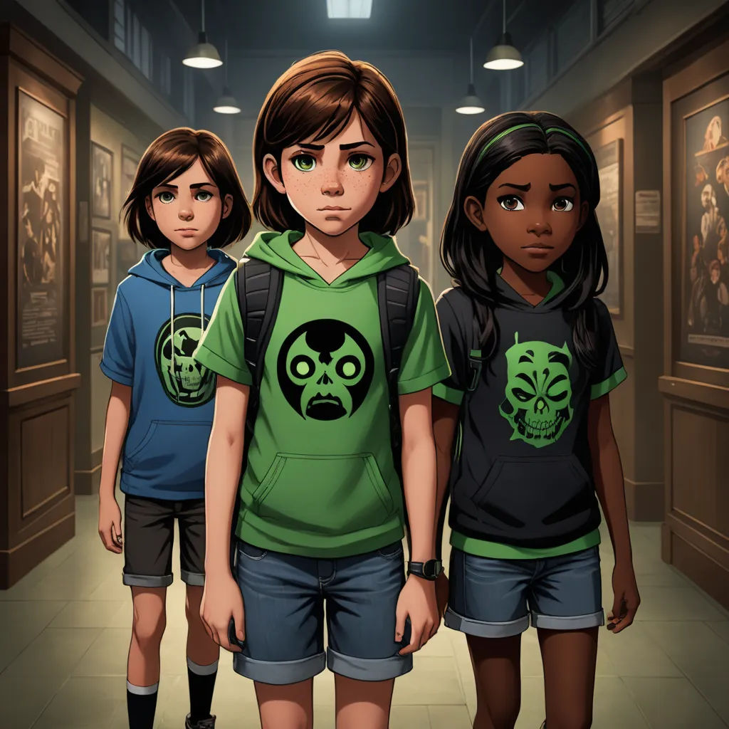 three children in a hallway with a star wars theme on their shirts and shorts on their shirts are standing in front of a picture of a woman, sots art, concept art, Cedric Seaut (Keos Masons), key art