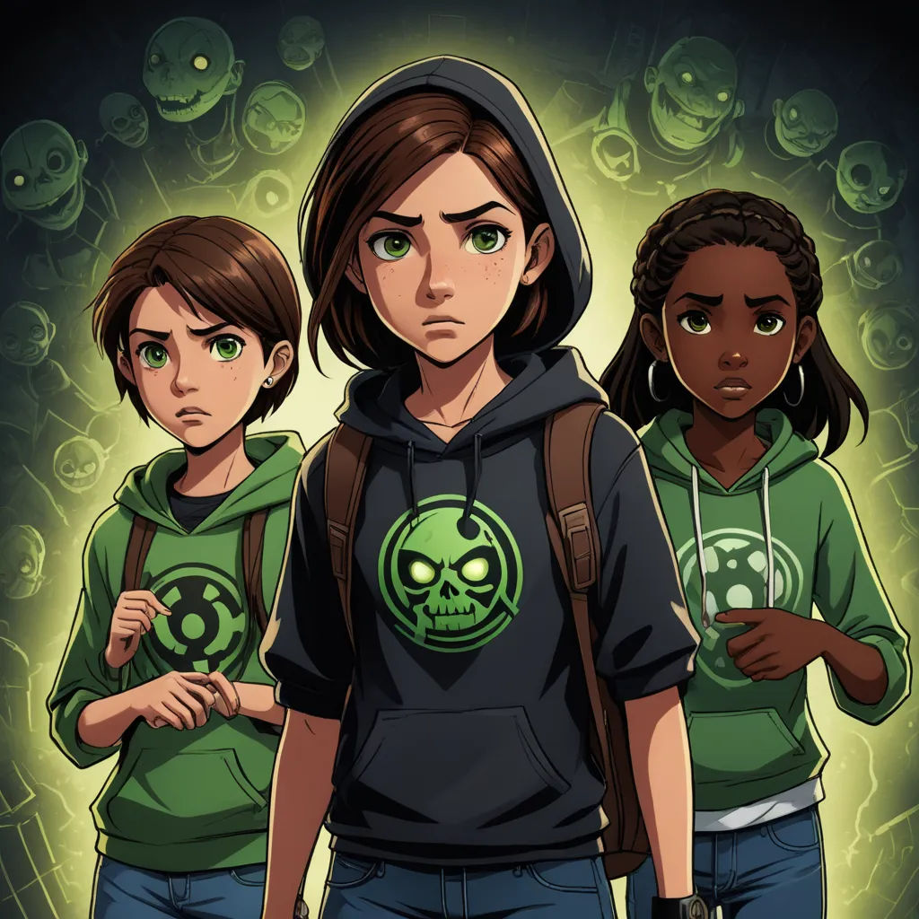 a group of young people standing next to each other in front of a green background with skulls on it, sots art, poster art, Cedric Seaut (Keos Masons), comic cover art