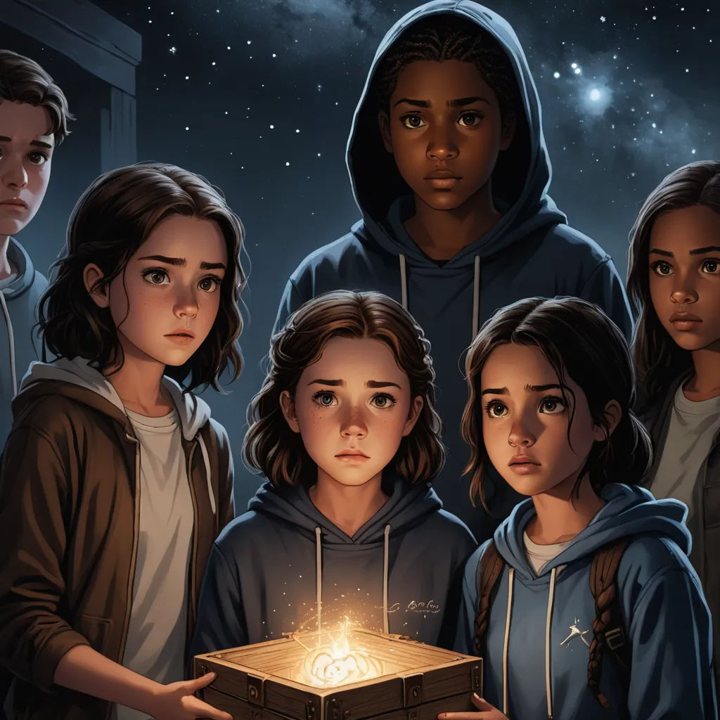 a group of people standing around a box with a light inside of it on a dark background with stars, sots art, poster art, Drew Struzan, key art