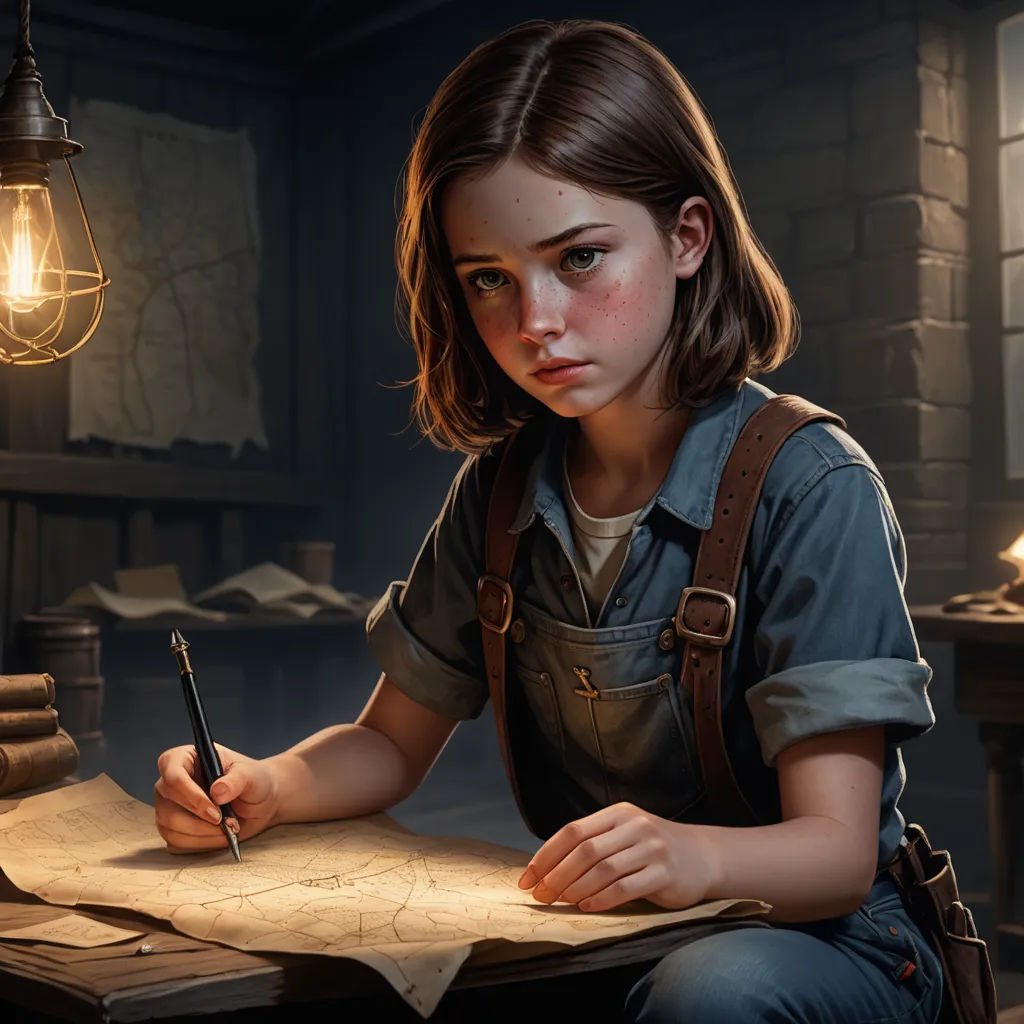 a girl sitting at a table writing on a piece of paper with a light bulb hanging above her head, fantasy art, a character portrait, Clint Cearley, magic the gathering artwork