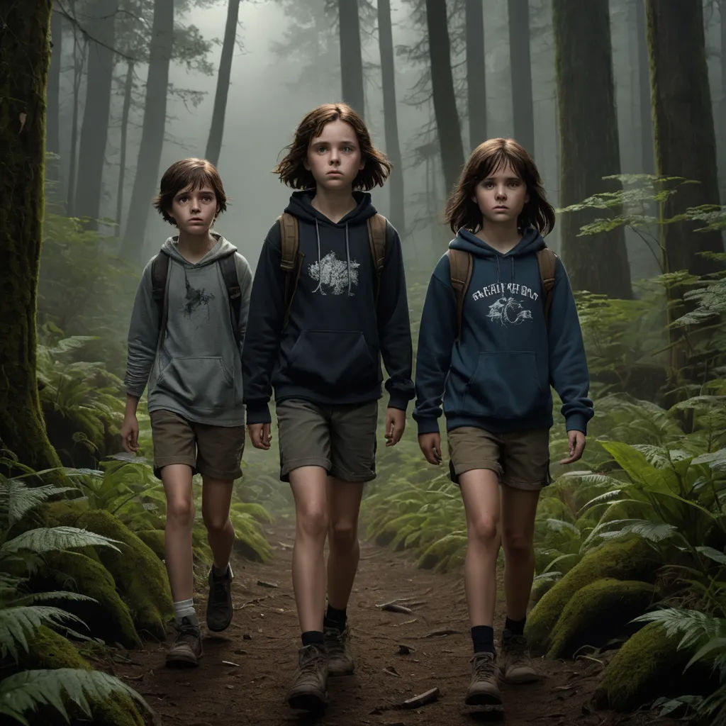 three children walking in the woods on a trail in the woods with ferns and ferns on the ground and a foggy sky, antipodeans, a poster, Felix-Kelly, promotional image