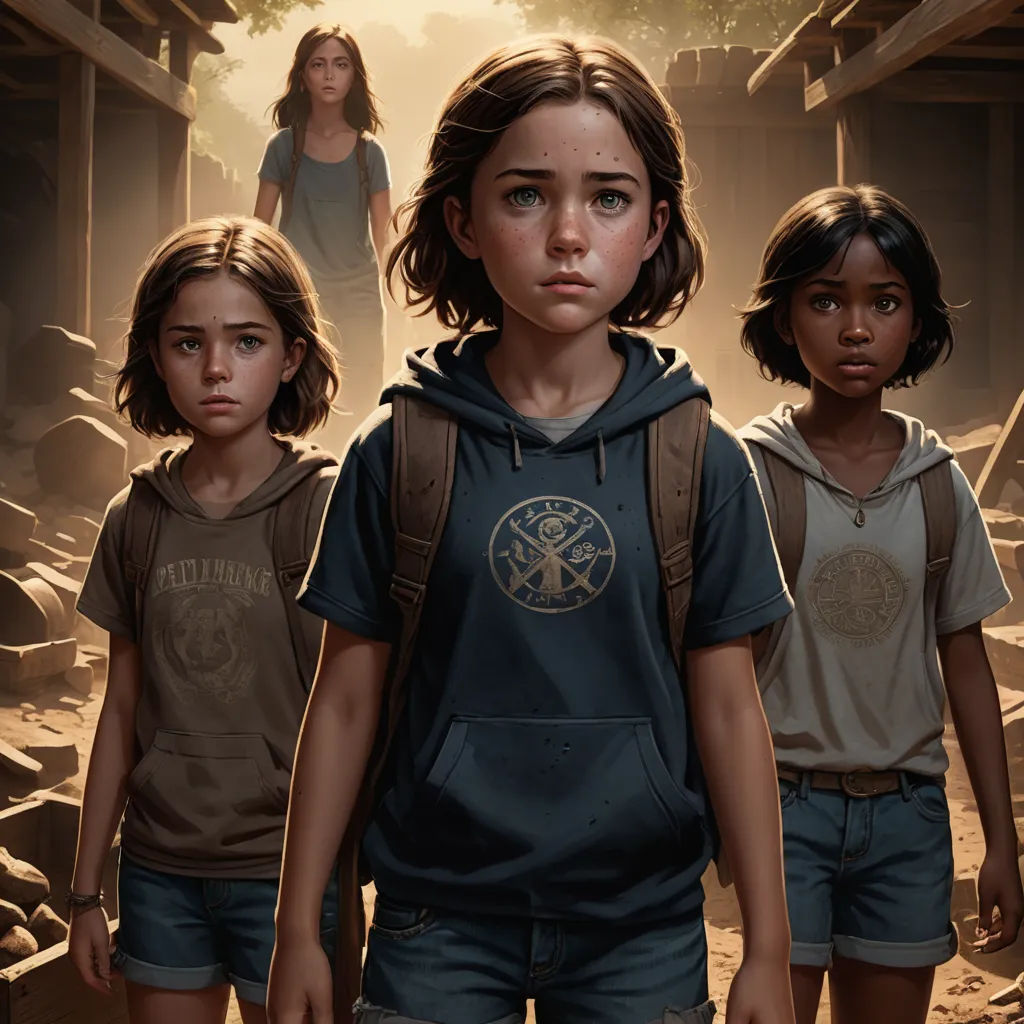 a group of children standing in a dirt area with a woman standing behind them and a man standing behind them, sots art, poster art, Ada Gladys Killins, key art