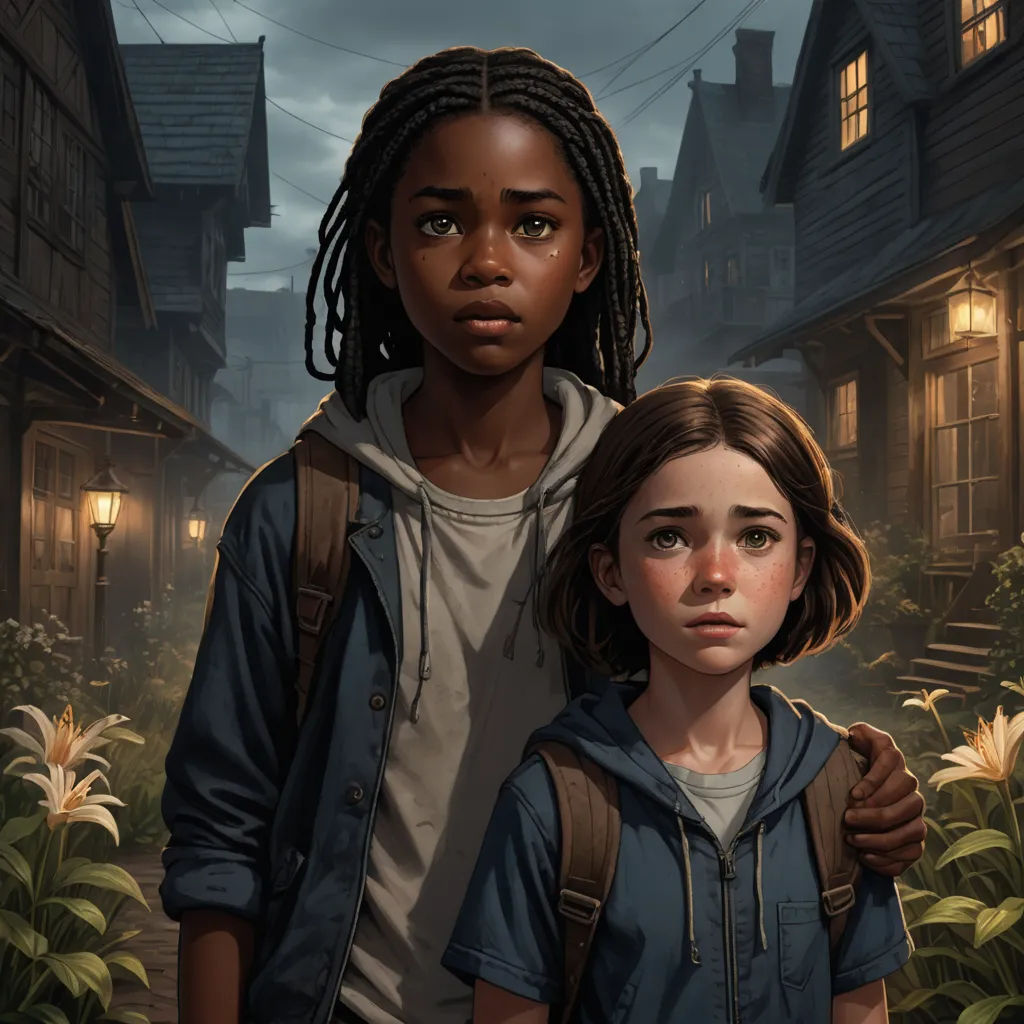 a young girl and a young boy standing in a street at night with a creepy looking sky in the background, serial art, poster art, Aaron Jasinski, key art
