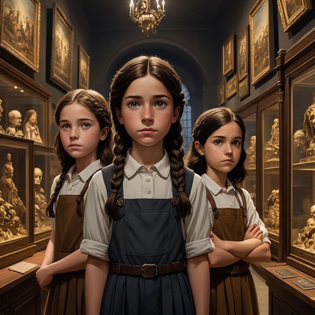 a group of girls standing in front of a museum display of paintings and busturines on display in a museum, serial art, poster art, Brad Kunkle, trending on art station