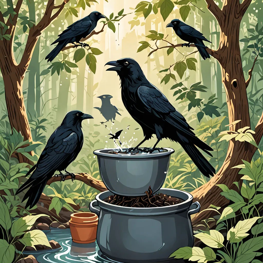a painting of three crows sitting on a bowl of water in a forest with a bird on the top of it, fantasy art, a storybook illustration, Dan Mumford, detailed illustration