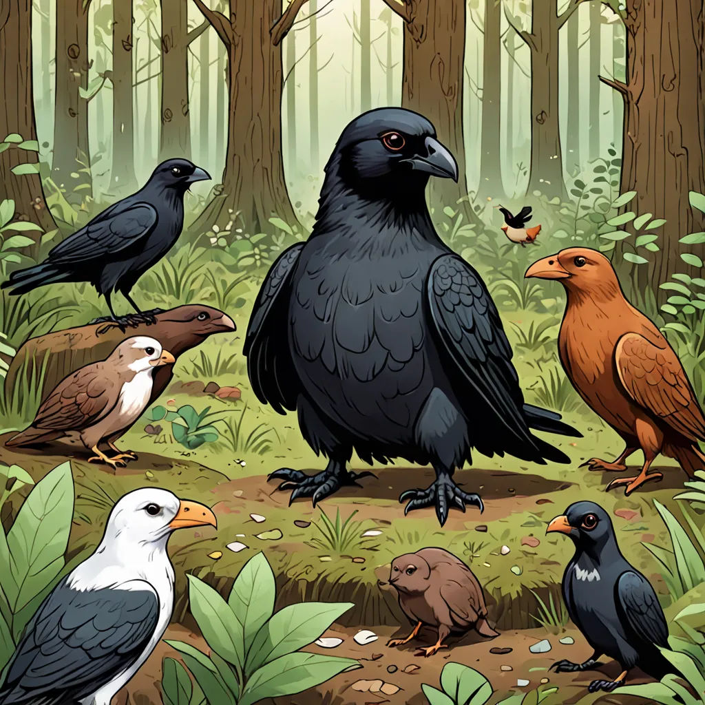 a group of birds standing in the middle of a forest with trees and plants around them, all looking at something, naturalism, a storybook illustration, Dan Mumford, birds