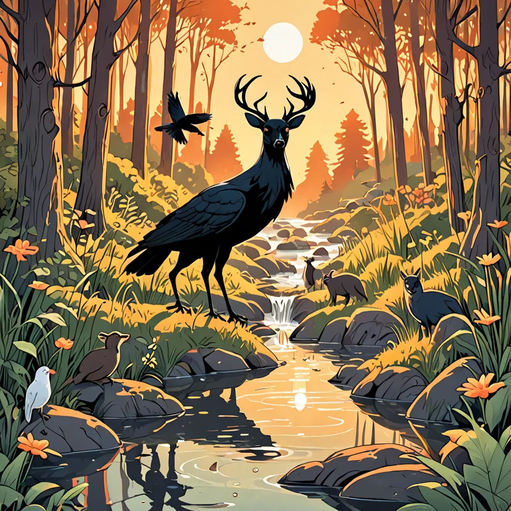 a painting of a bird and a bird on a stream in a forest with a stream running through it, environmental art, poster art, Dan Mumford, josan gonzales and dan mumford