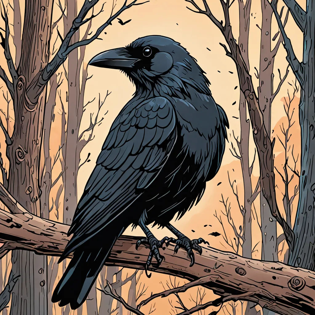 a black bird sitting on a tree branch in a forest at sunset or dawn with a full moon in the background, underground comix, a comic book panel, Dan Mumford, josan gonzales and dan mumford