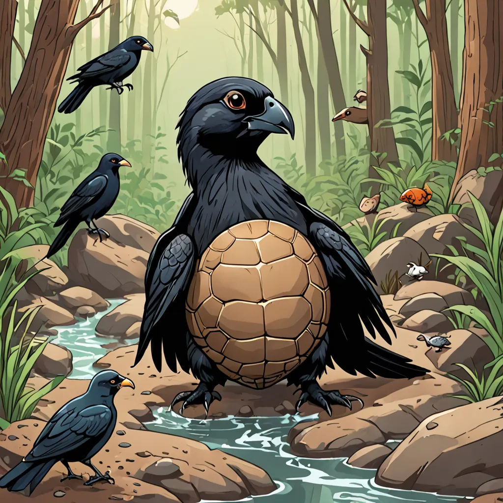 a painting of a turtle and some birds in a forest with a stream of water and rocks and trees, sumatraism, an illustration of, Chris LaBrooy, comic cover art