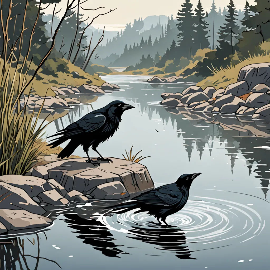 two black birds sitting on rocks in a river next to a forest and a riverbank with a stream, environmental art, a storybook illustration, Dan Mumford, laurie greasley
