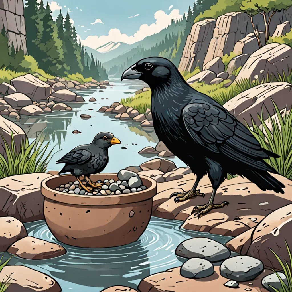 a bird and a bird sitting on a bowl of water near rocks and a stream of water with a mountain in the background, environmental art, a storybook illustration, Dan Mumford, storybook illustration