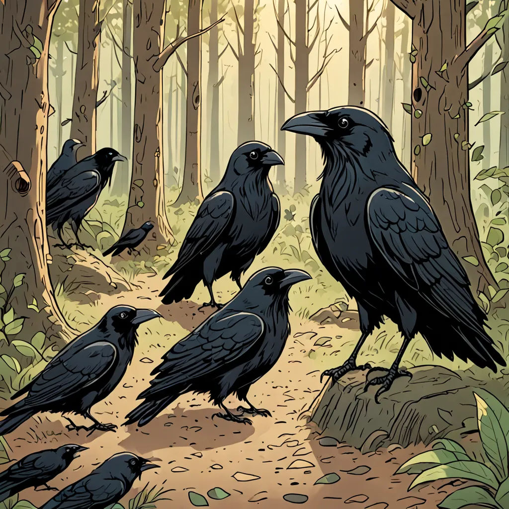 a group of black crows standing on a dirt path in a forest with trees and leaves on the ground, fantasy art, a storybook illustration, Dan Mumford, comic cover art