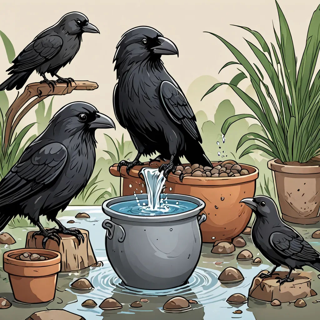 a group of black birds sitting on top of a potted plant next to a water fountain with a bird drinking from it, incoherents, a storybook illustration, Charles Bird King, storybook illustration