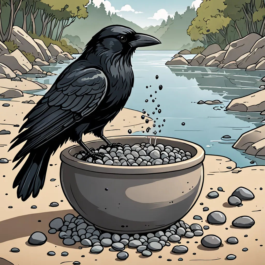 a black bird sitting on top of a bowl of rocks near a river and trees in the background,, environmental art, a storybook illustration, Dan Mumford, detailed illustration