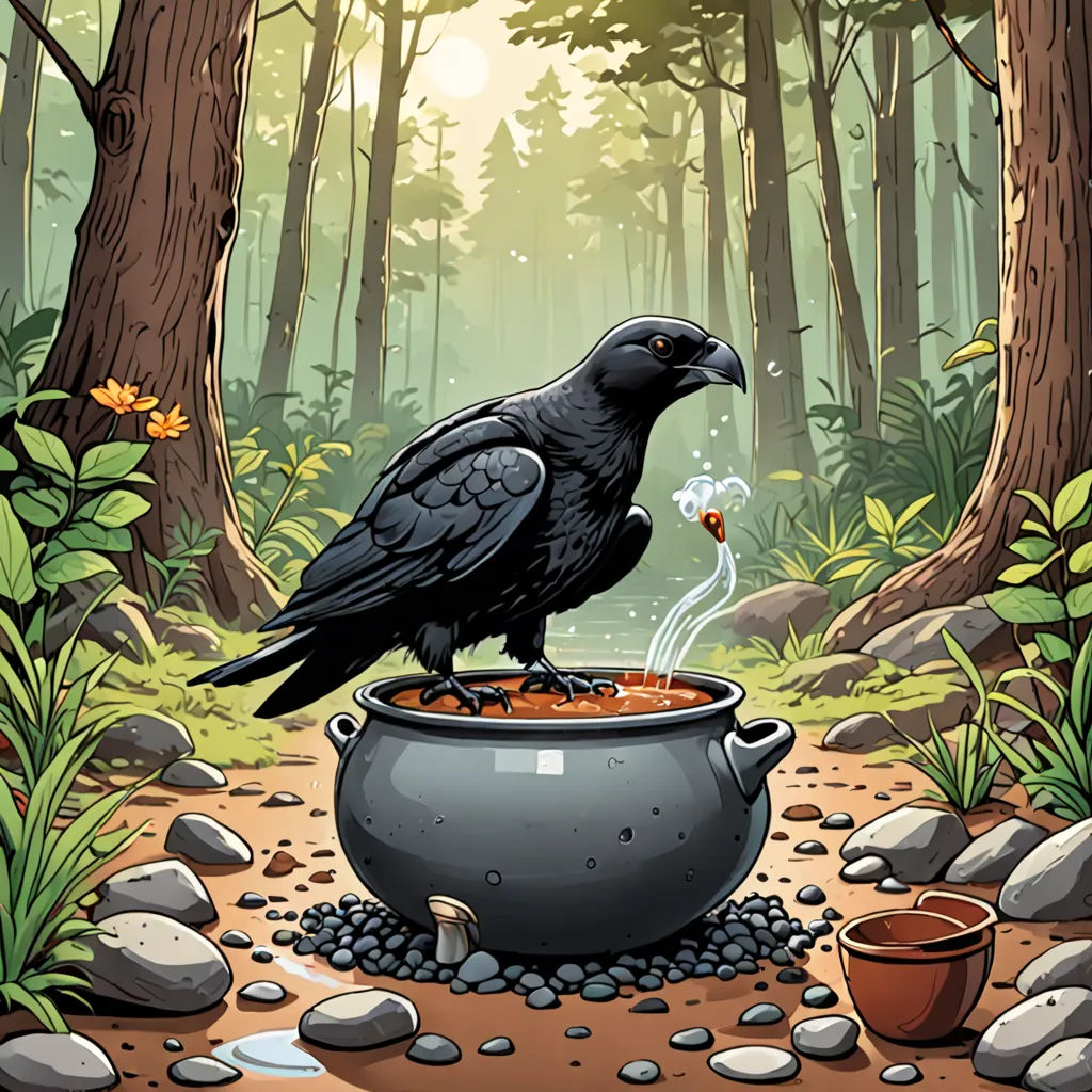 a black bird sitting on top of a pot filled with food in a forest area with rocks and plants, fantasy art, a storybook illustration, Dan Mumford, storybook illustration