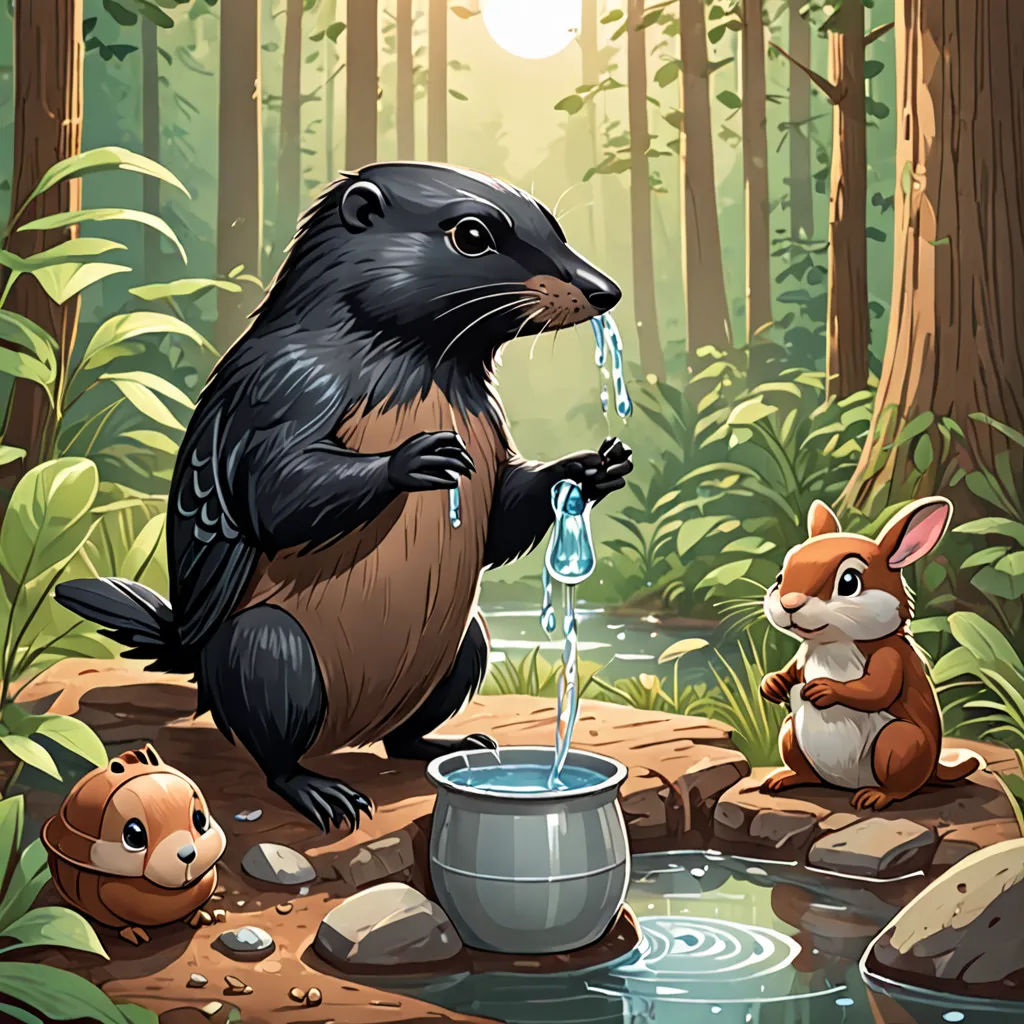 a beaver and a squirrel are drinking water from a bucket in the woods, while another squirrel sits on the ground, sots art, a storybook illustration, Chippy, storybook illustration