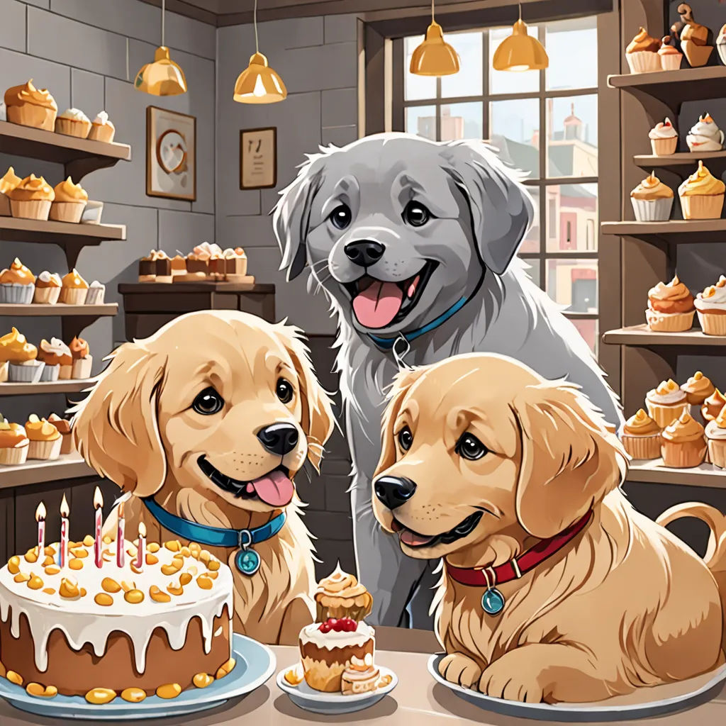 two dogs sitting at a table with a cake and cupcakes in front of them, with a dog looking at the cake, Chris LaBrooy, furry art, a storybook illustration, highly detailed digital painting