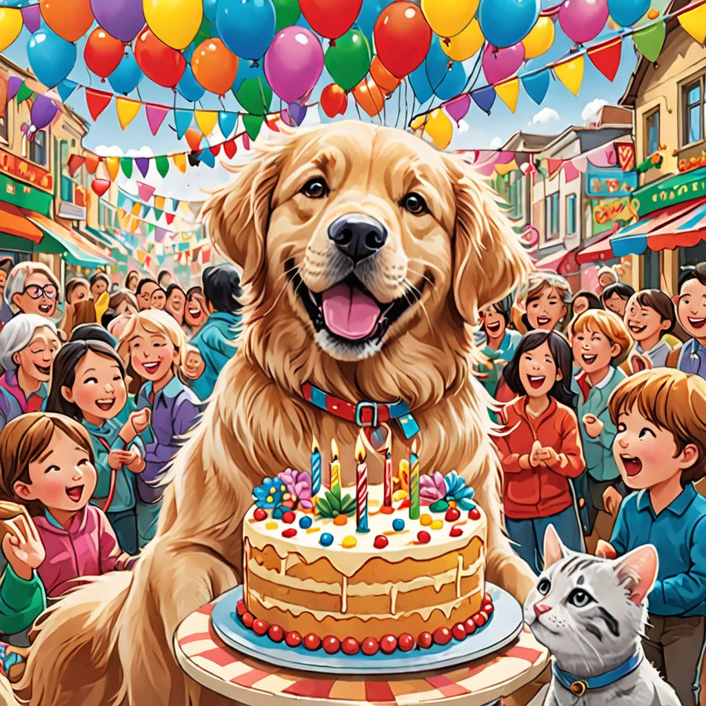 a dog is standing in front of a birthday cake with candles on it and a crowd of people are watching, Chris LaBrooy, naive art, a storybook illustration, highly detailed digital painting