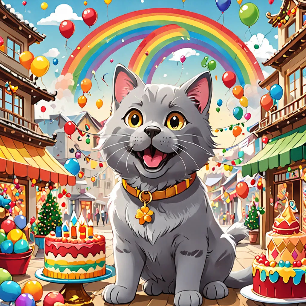 a cat sitting in front of a cake with a rainbow in the background and balloons in the air above it, Chris LaBrooy, sots art, a storybook illustration, promotional image