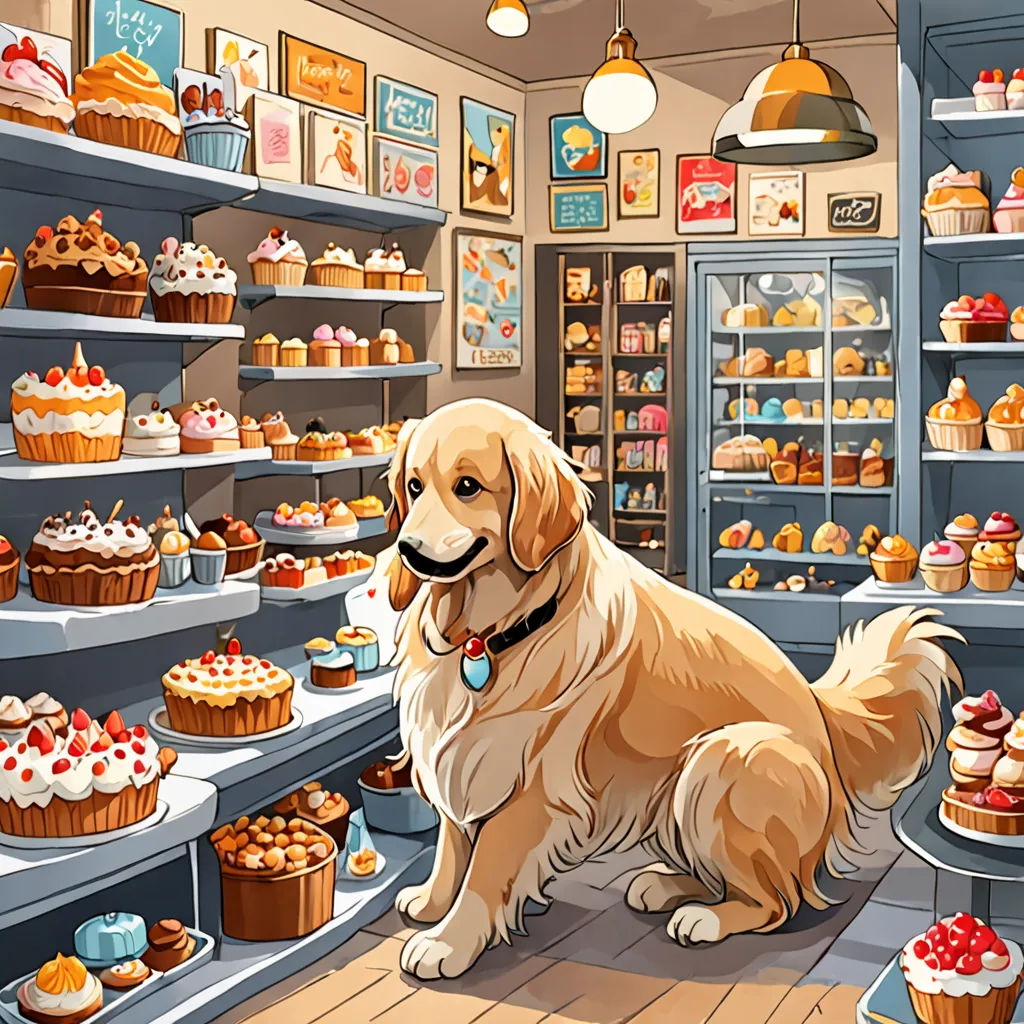 a dog sitting in front of a display of cupcakes and cakes in a bakery with a dog sitting on the floor, Chris LaBrooy, furry art, a storybook illustration, storybook illustration