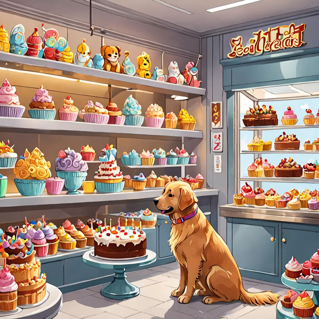 a dog sitting in front of a display of cupcakes and cakes in a bakery with a dog looking at the display, Clara Peeters, furry art, a storybook illustration, highly detailed digital painting