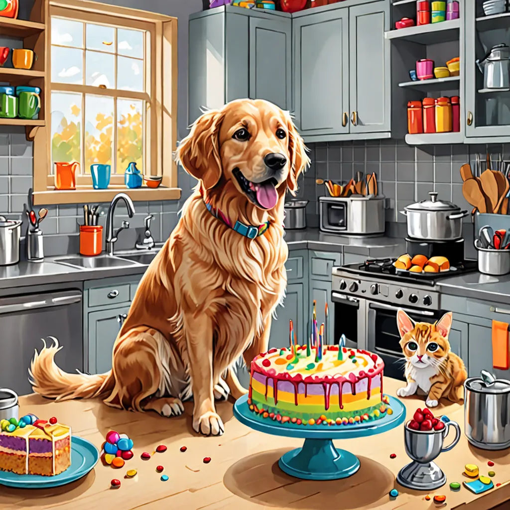 a dog and a cat are sitting in a kitchen with a cake and a cupcake on the table, Chris LaBrooy, naive art, a storybook illustration, highly detailed digital painting
