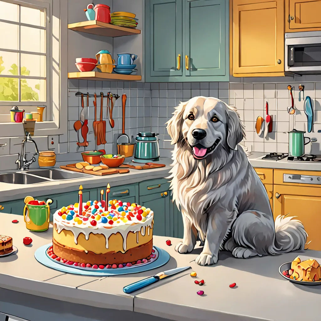 a dog sitting on a kitchen counter next to a cake with candles on it and a knife in front of it, Chris LaBrooy, american scene painting, a storybook illustration, promotional image