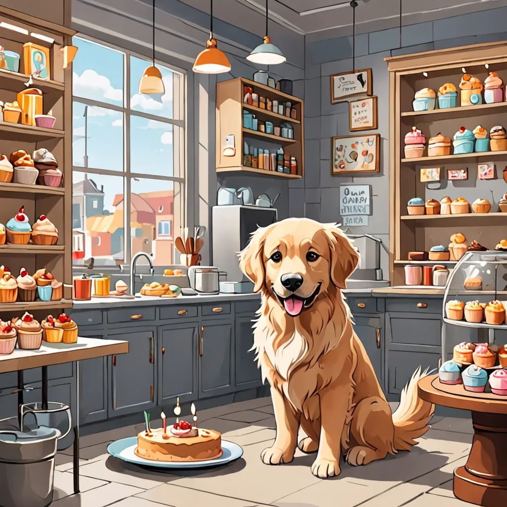 a dog sitting in a kitchen next to a cake on a plate and a cake on a plate on a table, Chris LaBrooy, american scene painting, a storybook illustration, storybook illustration