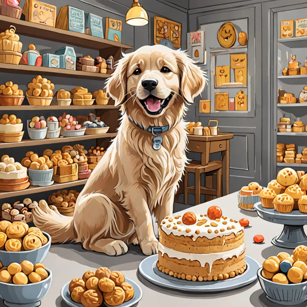 a dog sitting in front of a cake on a table with other plates of food on it and a shelf full of cakes, Chris LaBrooy, furry art, a storybook illustration, highly detailed digital painting