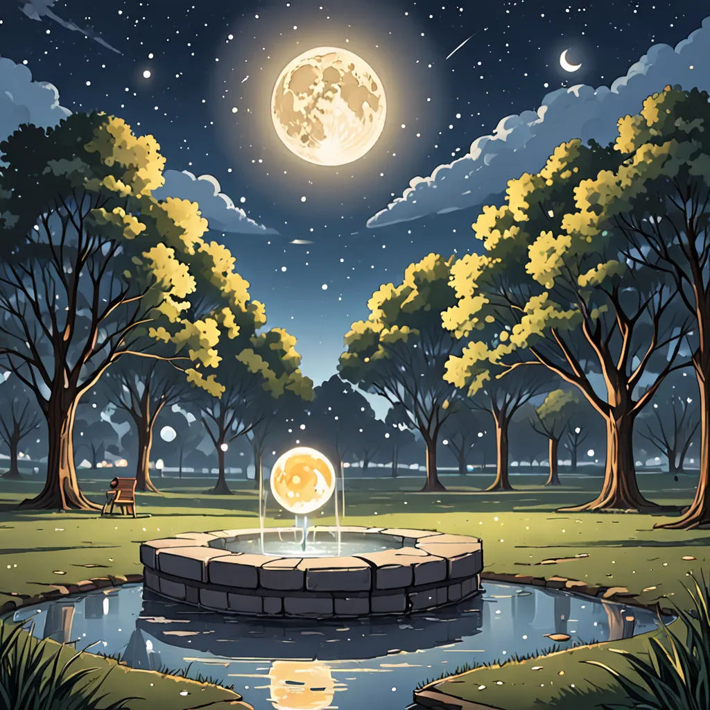 a painting of a park with a fountain and a full moon in the sky above it and trees and grass, magical realism, a storybook illustration, Chris LaBrooy, storybook illustration