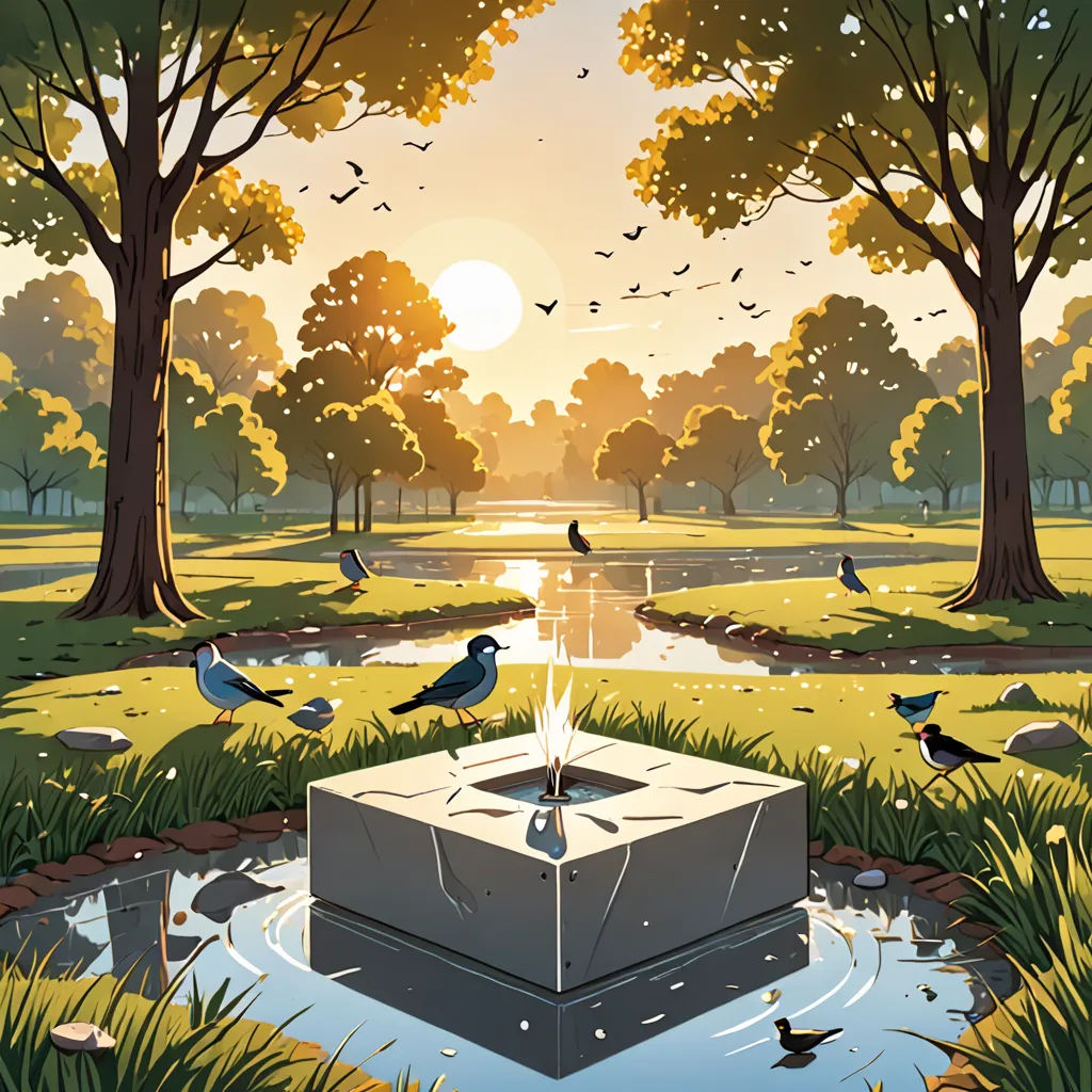 a painting of a box in a park with birds flying around it and a pond in the foreground, environmental art, a storybook illustration, Chris LaBrooy, detailed illustration