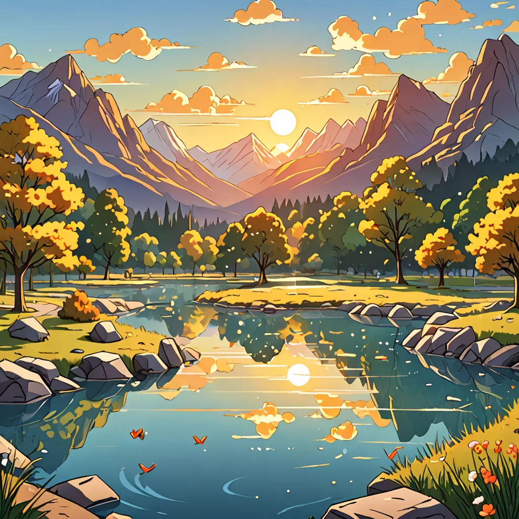 a painting of a mountain river with a sunset in the background and trees and rocks in the foreground, american scene painting, a detailed matte painting, Dan Mumford, beautiful landscape