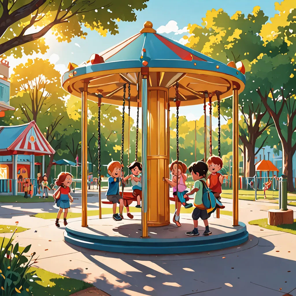 a group of children playing on a carousel in a park with a carousel in the background and a carousel in the foreground, american scene painting, a storybook illustration, Chris LaBrooy, rossdraws global illumination