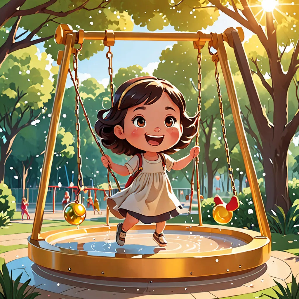 a little girl swinging on a swing in a park with a tree and a bird in the background and a bird bath in the foreground, lyco art, a storybook illustration, Diego Gisbert Llorens, rossdraws global illumination