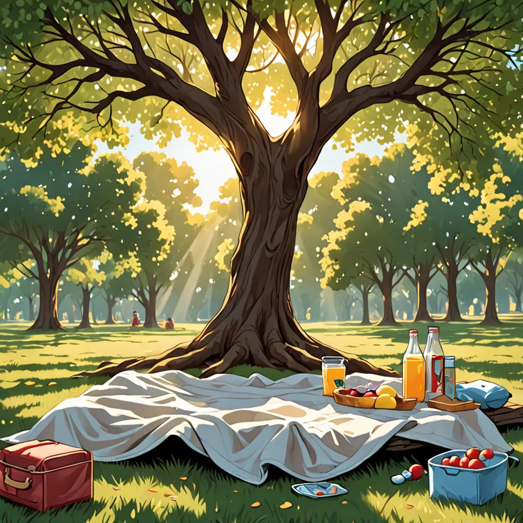 a picnic in the park with a blanket and a bottle of beer on the ground next to a picnic blanket, american scene painting, a storybook illustration, Chris LaBrooy, rossdraws global illumination