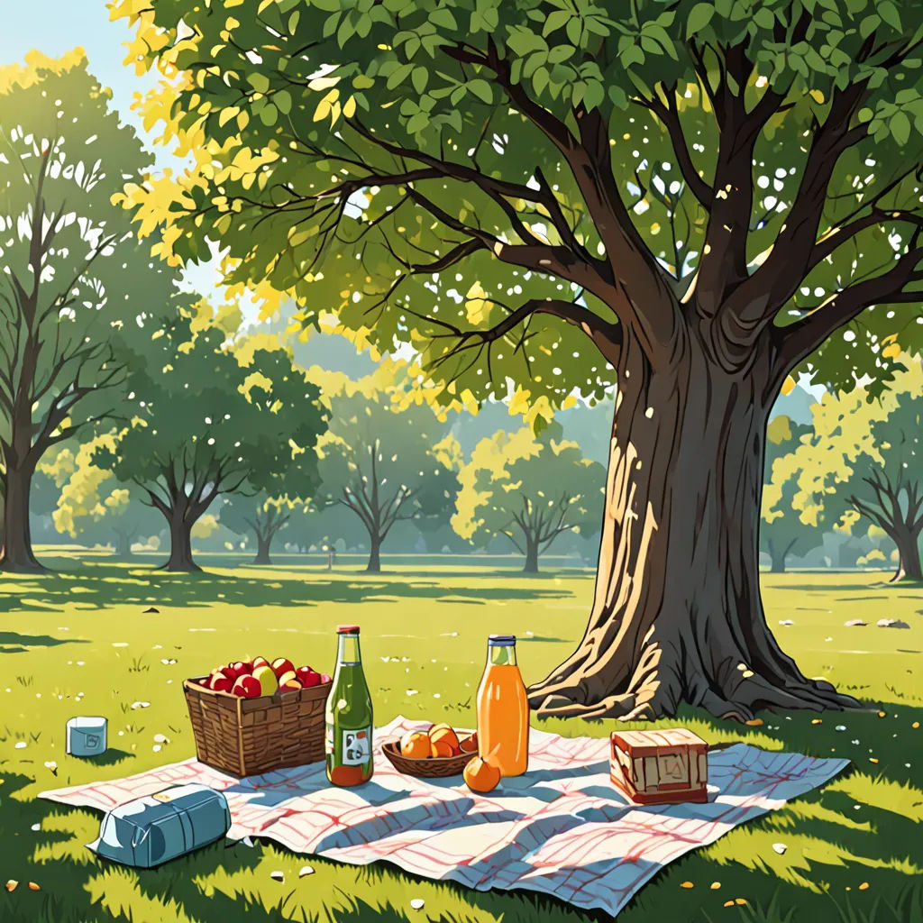a picnic blanket with a picnic basket and bottles of juice on it in a park setting with a tree, plein air, a storybook illustration, Chris LaBrooy, rossdraws global illumination