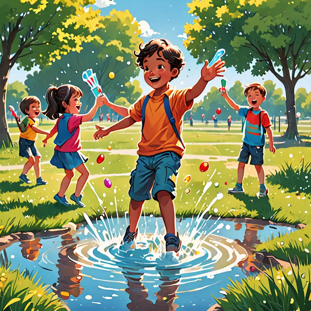 a group of children playing in a puddle of water in a park with trees and grass on the other side, american scene painting, a storybook illustration, Chris LaBrooy, storybook illustration