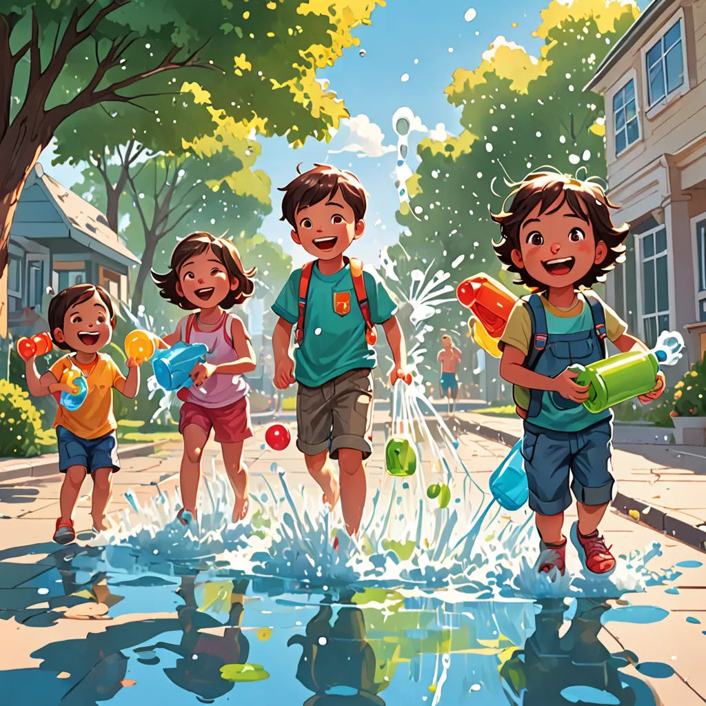 a group of children playing in a puddle of water with a building in the background and a tree in the foreground, american scene painting, a storybook illustration, Amir Zand, rossdraws global illumination