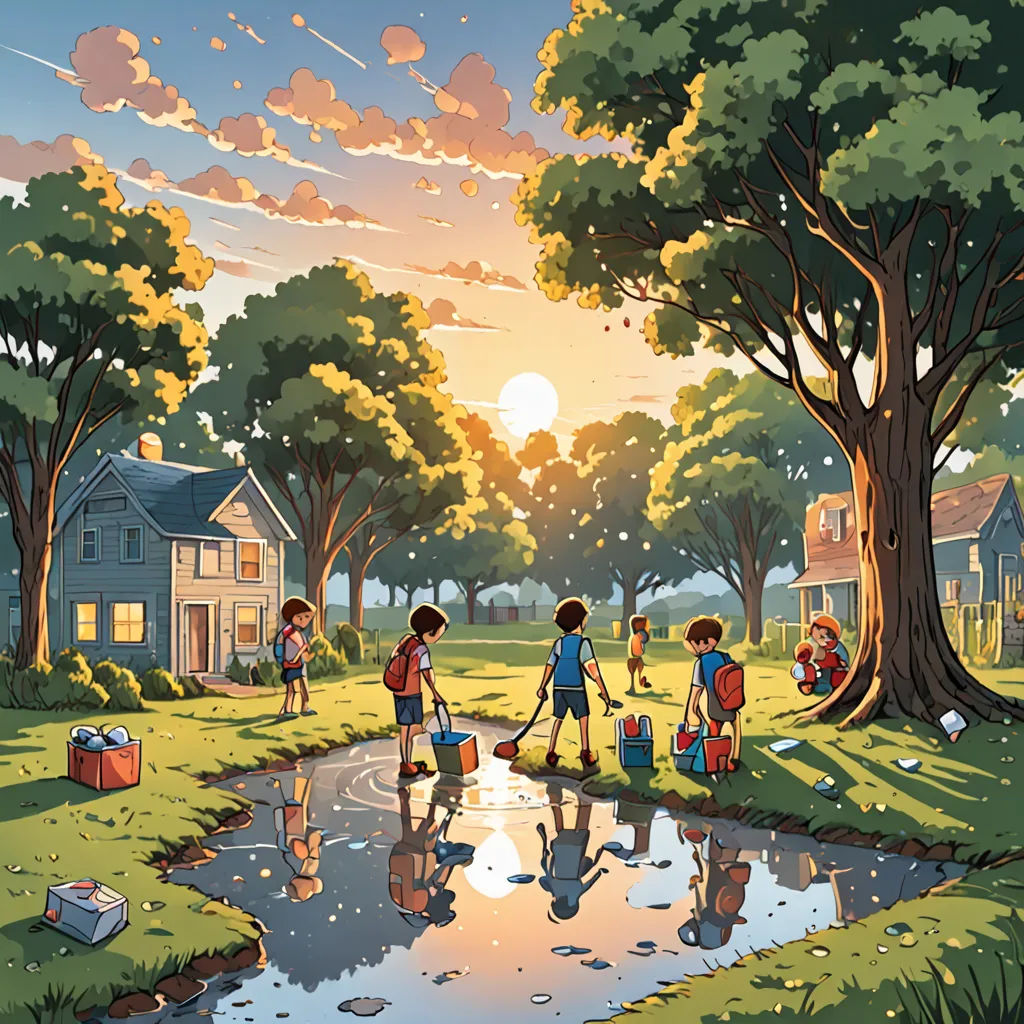 a group of children playing in a pond in a park with a house in the background and a sunset, american scene painting, a storybook illustration, Chris LaBrooy, storybook illustration