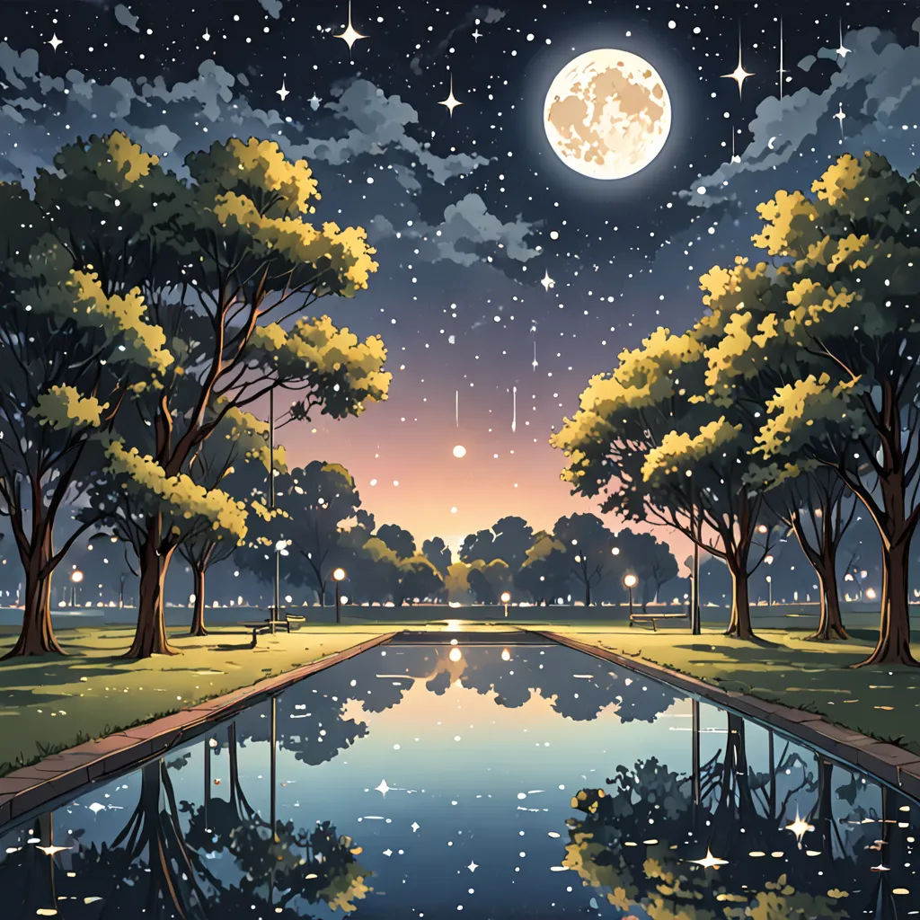 a painting of a pond with trees and a full moon in the sky above it and stars in the sky above, magical realism, a detailed matte painting, Chris LaBrooy, anime art