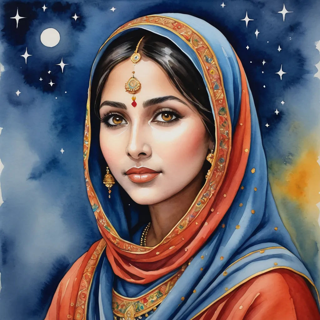 a painting of a woman wearing a blue and red veil and a red and blue shawl with a crescent moon in the background, figurative art, a detailed painting, Ella Guru, detailed painting