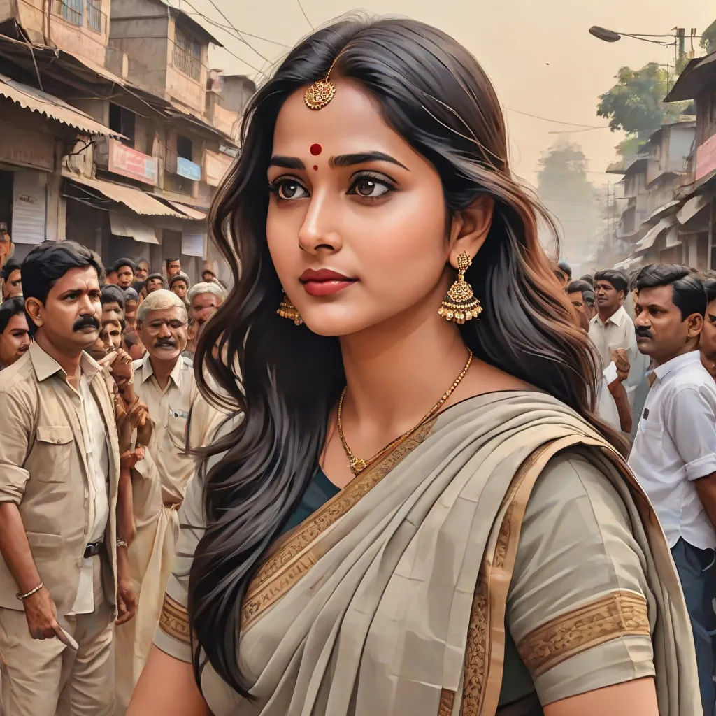 a woman in a sari and a crowd of people in the background with a man in the background, samikshavad, a detailed painting, Ella Guru, detailed painting