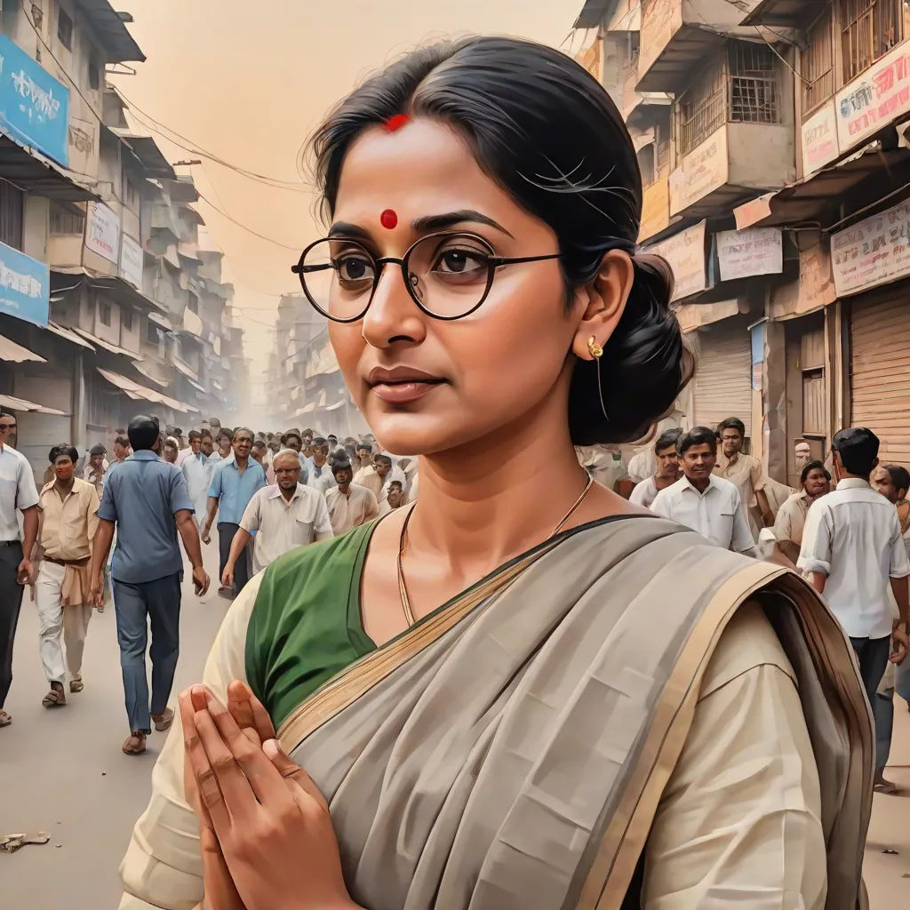 a woman in a sari and glasses standing in a crowded street with people walking around her and a man in the background, bengal school of art, a detailed painting, Ella Guru, maya