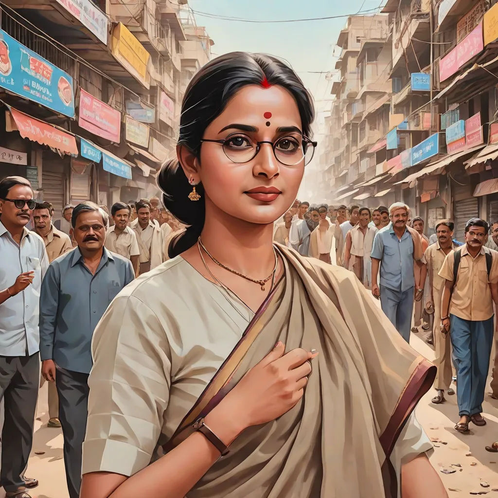 a painting of a woman in a sari and glasses standing in a crowded street with people in the background, bengal school of art, a detailed painting, Ella Guru, maya