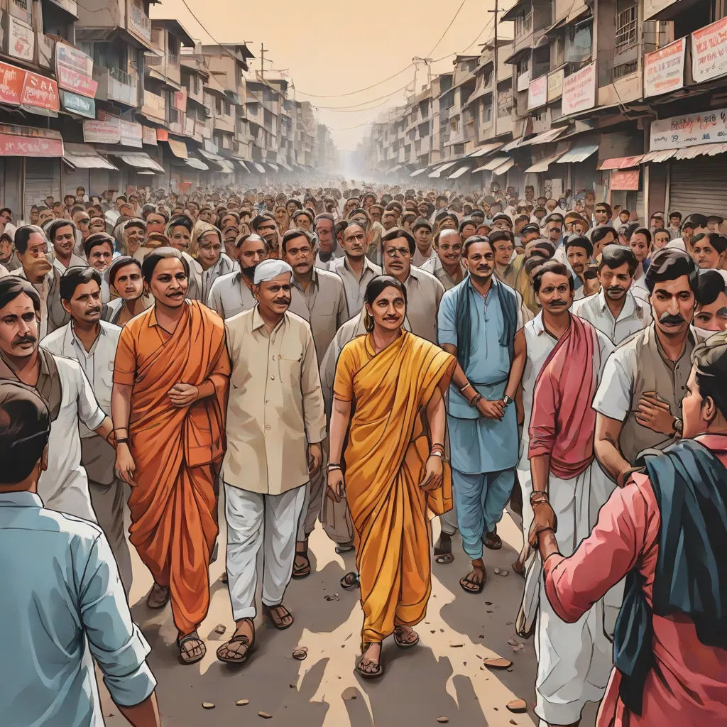 a painting of a crowd of people walking down a street in india, with a man in a yellow sari, samikshavad, a storybook illustration, Bholekar Srihari, maya