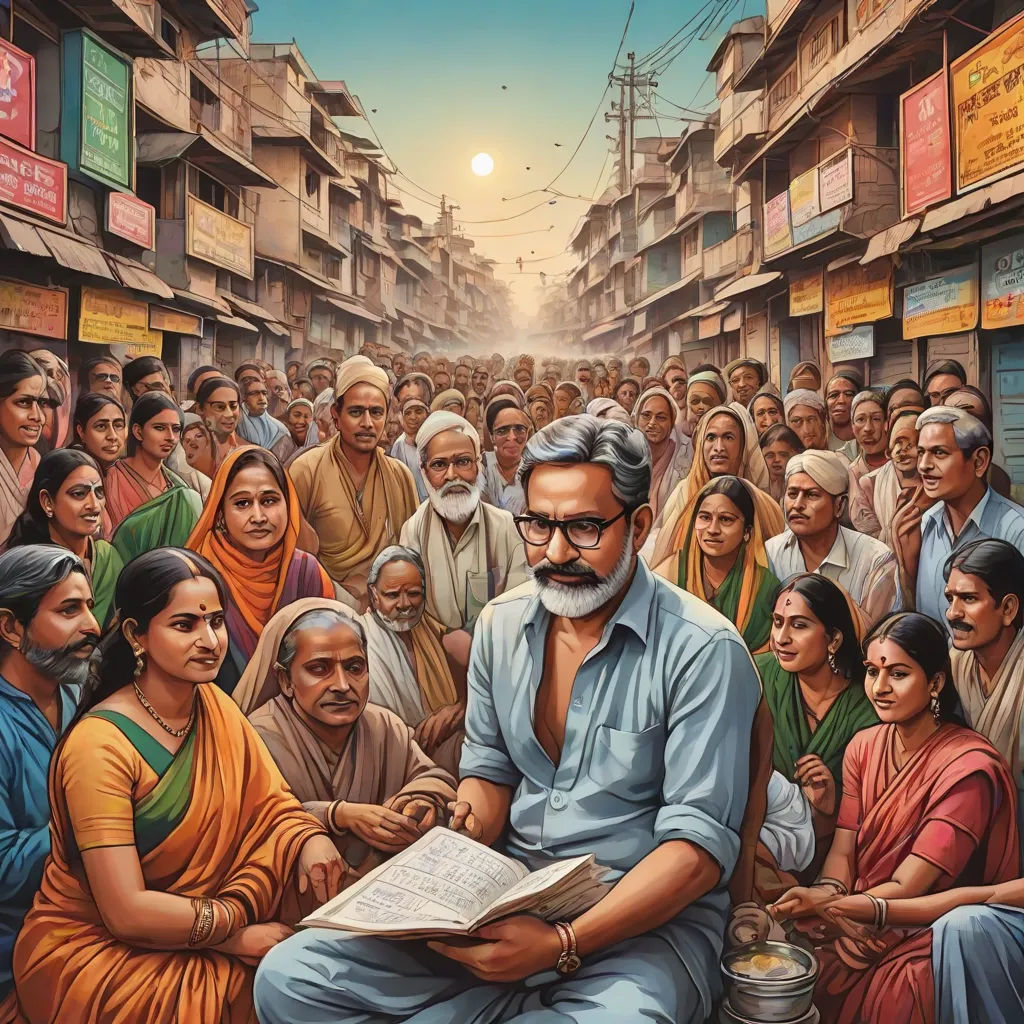 a painting of a man sitting on a bench reading a book in front of a crowd of people in a street, samikshavad, a detailed painting, Bholekar Srihari, highly detailed digital painting